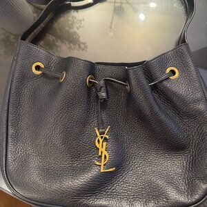 YSL Saint Laurent Black Pebbled Leather Bucket Bag